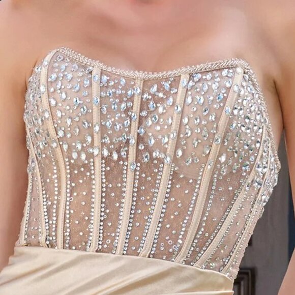 New Sheath Strapless Soft Satin Gown w/ Rhinestones Embroidery & Leg Slit GL3679 - Picture 6 of 13